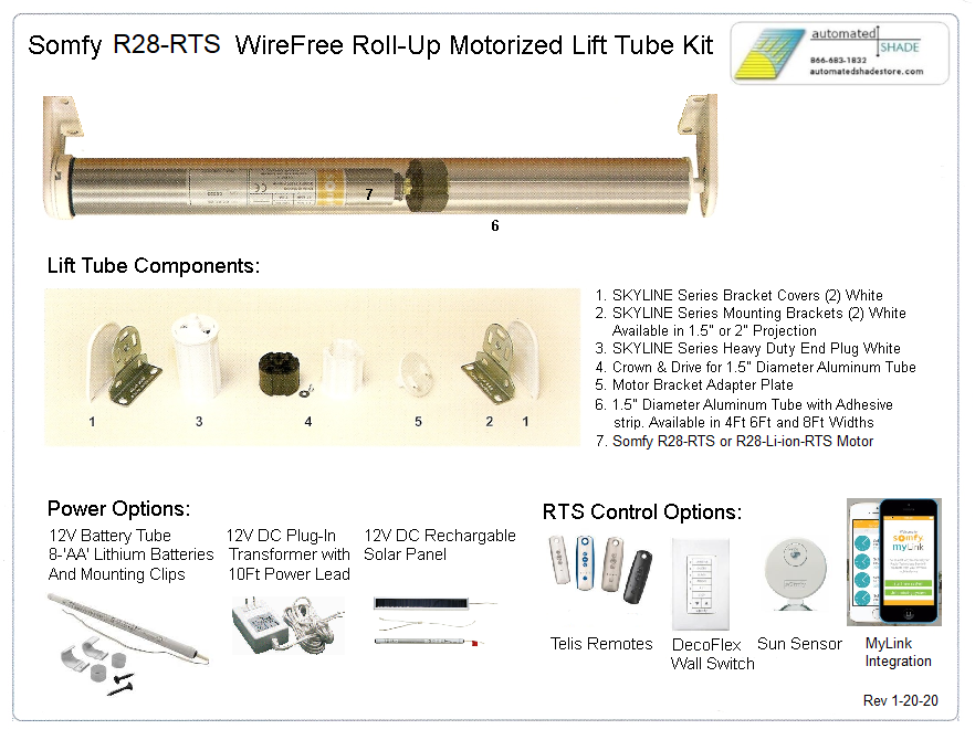 Somfy Light Duty 12V-DC Wirefree R28 RTS Lift Tube Kit #1002481